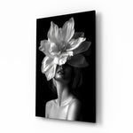 Anemone headdress muse cinematic glass wall art over walnut console in designer fashion atelier