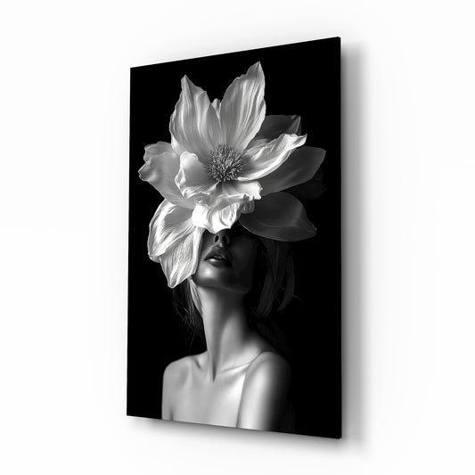 Anemone headdress muse cinematic glass wall art over walnut console in designer fashion atelier