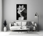 Helmut-Newton style cinematic glass wall art in heritage stairwell