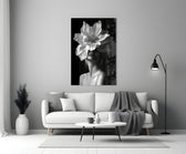 Helmut-Newton style cinematic glass wall art in heritage stairwell