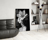 B&W flower-mask cinematic glass wall art over modern dining sideboard