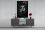 Funeral-solemnity cinematic glass wall art in masculine-luxe study