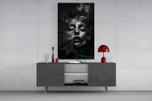 Funeral-solemnity cinematic glass wall art in masculine-luxe study