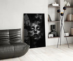 Brooding muse cinematic glass wall art over modern dining sideboard