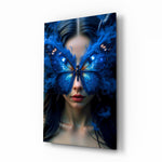 Cobalt Morpho butterfly mask cinematic glass wall art over walnut console in designer fashion atelier