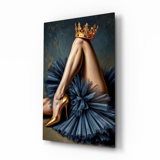 Crowned legs ballerina cinematic glass wall art over walnut console in designer fashion atelier