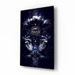 All seeing eye cosmic mystic cinematic glass wall art over walnut console in designer mystic-shop reception