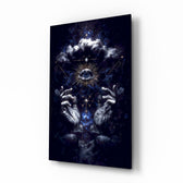 All seeing eye cosmic mystic cinematic glass wall art over walnut console in designer mystic-shop reception