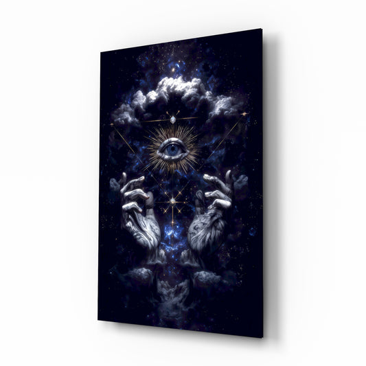All seeing eye cosmic mystic cinematic glass wall art over walnut console in designer mystic-shop reception