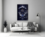 Tarot-card style cinematic glass wall art in heritage stairwell