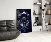 Aleister-Crowley style cinematic glass wall art over modern dining sideboard