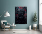 Dark-throne fantasy cinematic glass wall art in film-screening room