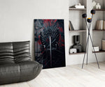 Sword-throne cinematic glass wall art over modern bar console