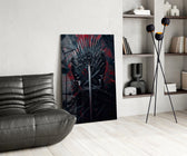 Sword-throne cinematic glass wall art over modern bar console