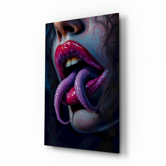 Tarantula on red lips cinematic glass wall art over walnut console in designer fashion atelier