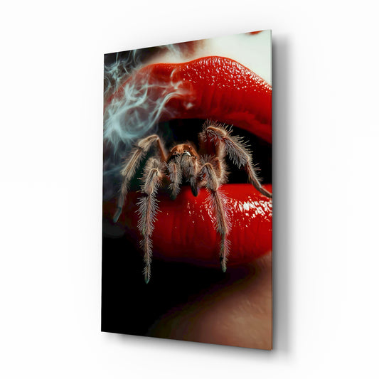 Tarantula and lips macro cinematic glass wall art over walnut console in designer fashion atelier