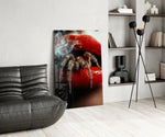 Vermilion-lips horror cinematic glass wall art over modern bar console