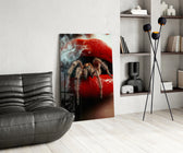 Vermilion-lips horror cinematic glass wall art over modern bar console