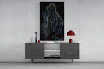 Star-flecked embrace cinematic glass wall art in light-filled atelier