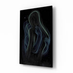 Cosmic mother embrace cinematic glass wall art over walnut console in designer wellness clinic