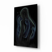 Cosmic mother embrace cinematic glass wall art over walnut console in designer wellness clinic