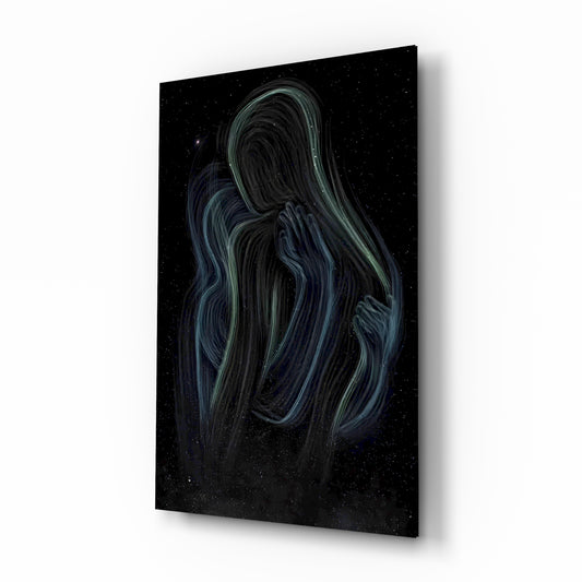 Cosmic mother embrace cinematic glass wall art over walnut console in designer wellness clinic