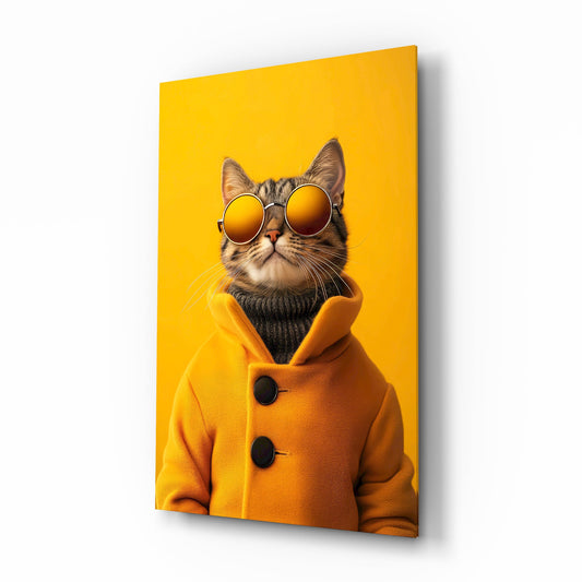 Yellow puffer zebra cinematic glass wall art over walnut console in designer fashion atelier