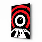 1984 target eye surveillance cinematic glass wall art over walnut console in designer literary-cafe reception