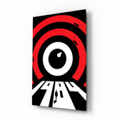 1984 target eye surveillance cinematic glass wall art over walnut console in designer literary-cafe reception
