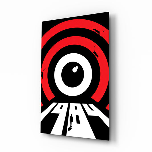 1984 target eye surveillance cinematic glass wall art over walnut console in designer literary-cafe reception