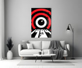 Saul-Bass style cinematic glass wall art in heritage stairwell