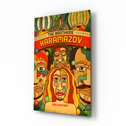 Brothers Karamazov pop poster cinematic glass wall art over walnut console in designer literary-cafe reception