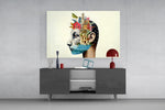 Magritte-style cinematic glass wall art in light-filled atelier