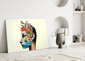 Surreal collage cinematic glass wall art in heritage stairwell