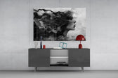 Meditation portrait cinematic glass wall art in light-filled atelier