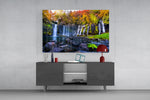 Japanese-autumn cinematic glass wall art in light-filled atelier