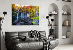 Silver waterfalls cinematic glass wall art in wellness retreat reception