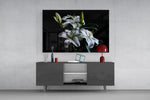 Old-Master botanical cinematic glass wall art in light-filled atelier