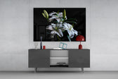 Old-Master botanical cinematic glass wall art in light-filled atelier