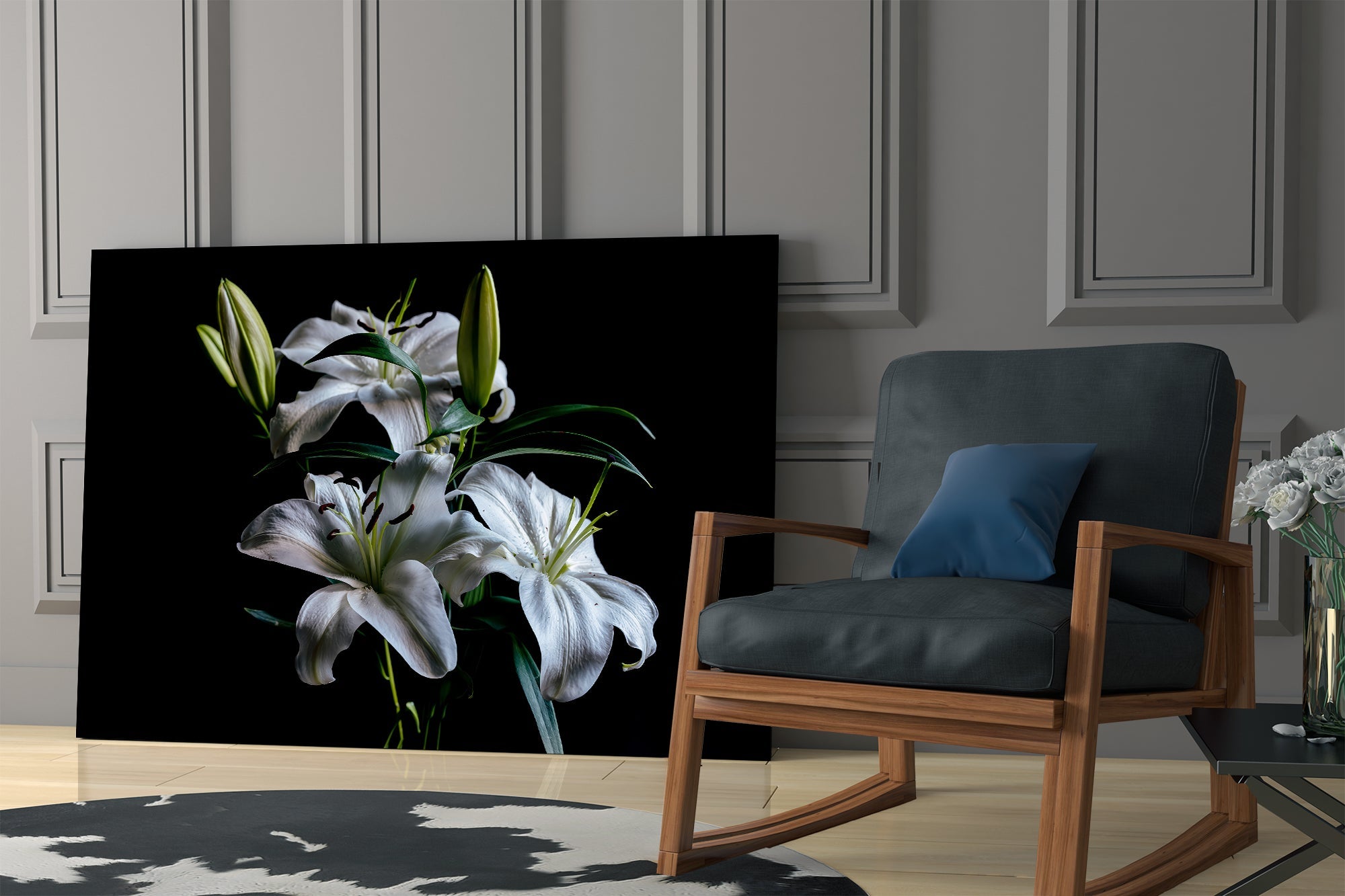 Luminous Midnight Lilies Glass Wall Art