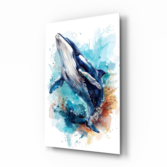 Watercolor humpback whale cinematic glass wall art over walnut console in designer child's adventure bedroom