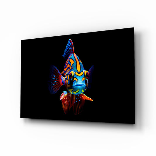 Mandarin fish portrait cinematic glass wall art over walnut console in designer entertainment den