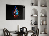 Cobalt-and-tangerine fish cinematic glass wall art over modern dining sideboard