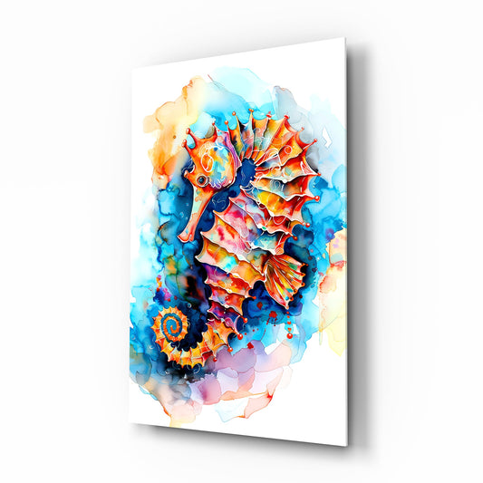 Watercolor seahorse cinematic glass wall art over walnut console in designer feminine-luxe boudoir