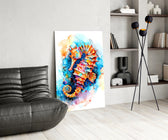 Tangerine-and-cobalt seahorse cinematic glass wall art over modern dining sideboard