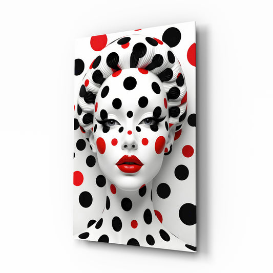 Polka dot Kusama muse cinematic glass wall art over walnut console in designer fashion atelier