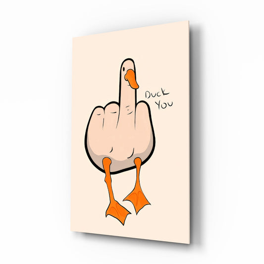 Duck You middle finger cinematic glass wall art over walnut console in designer cigar lounge