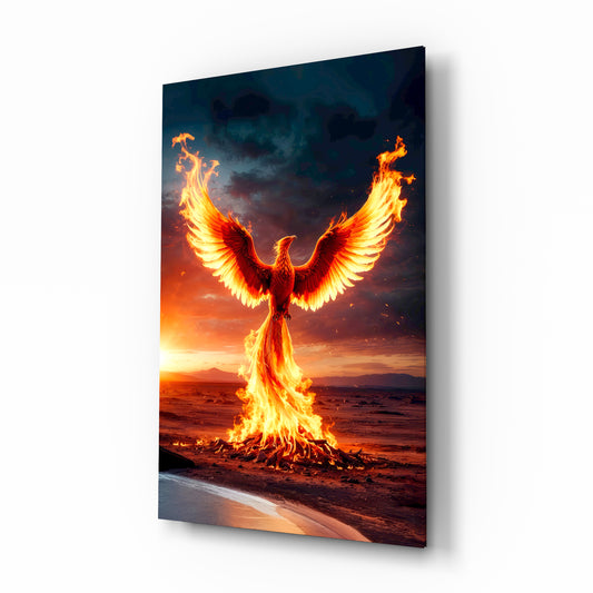 Rising fire phoenix desert cinematic glass wall art over walnut console in designer entertainment den