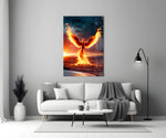 Mythic phoenix cinematic glass wall art in heritage stairwell
