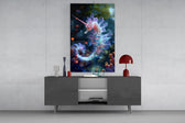 Reef-fantasy cinematic glass wall art in light-filled atelier